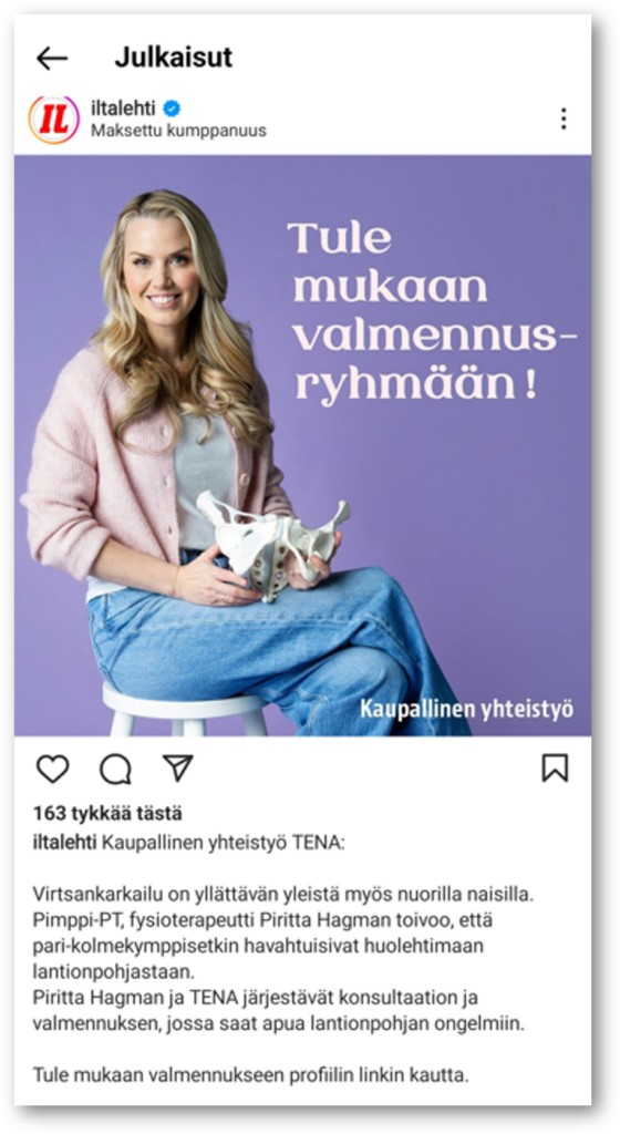 Case TENA, Instagram-postaus